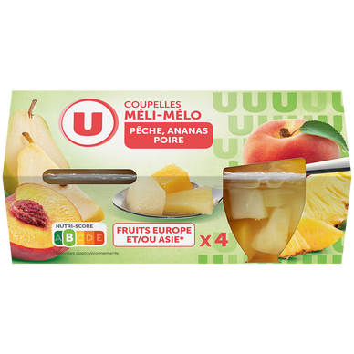 Coupelles Méli mélo de fruits à la pêche, poire et ananas  4x65g