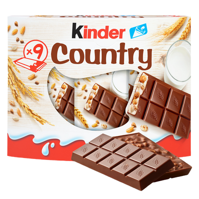 Barre céréalière enrobée de chocolat country KINDER, x9 soit 212g