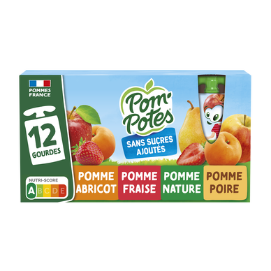 Dessert fruitier Gourdes Pomme, Pomme Fraise, Pomme Poire, Pomme Abricot POM'POTES, 12x90g