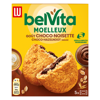 Biscuits moelleux coeur gourmand goût choco noisette Belvita LU, paquet de 250g