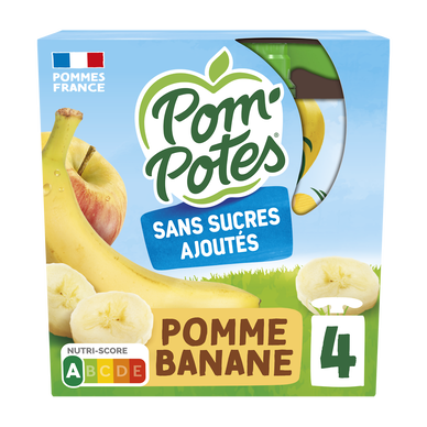 Dessert fruitier Gourdes Sans Sucres Ajoutés Pomme Banane POM'POTES, 4x90g