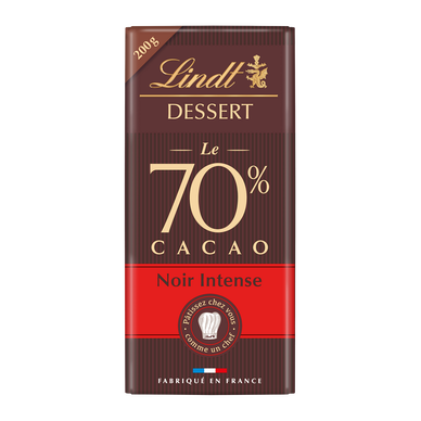Chocolat noir intense 70% cacao à patisser LINDT DESSERT, Tablette de200g