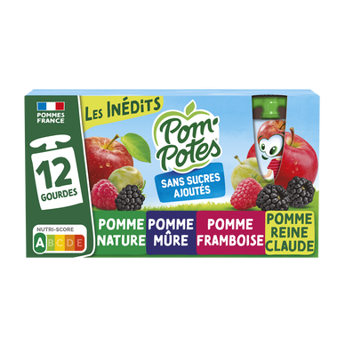 Dessert fruitier Gourdes Sans Sucres Ajoutés Pomme, Pomme Mûre, PommeFramboise, Pomme Reine Claude Les Inédits POM'POTES, 12x90g
