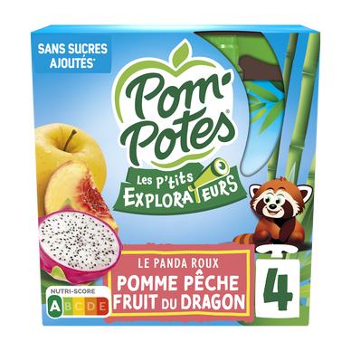 Dessert fruitier Gourdes Les P'tits Explorateurs Les Samourais Pomme Pêche Fruit du Dragon POM'POTES, 4x90g