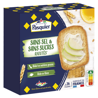 Biscottes sans sel & sans sucre ajoutés PASQUIER, 36 tranches, 300g