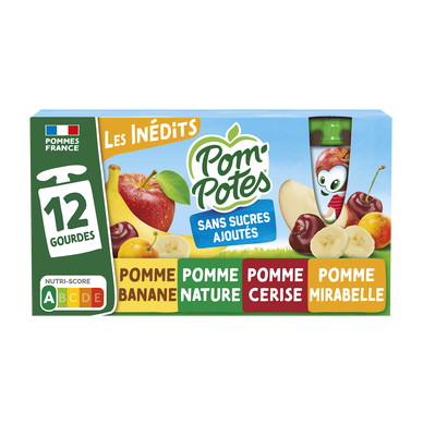 Dessert fruitier Gourdes Sans Sucres Ajoutés Pomme, Pomme Cerise, Pomme Mirabelle, Pomme Banane Les Inédits POM'POTES, 12x90g