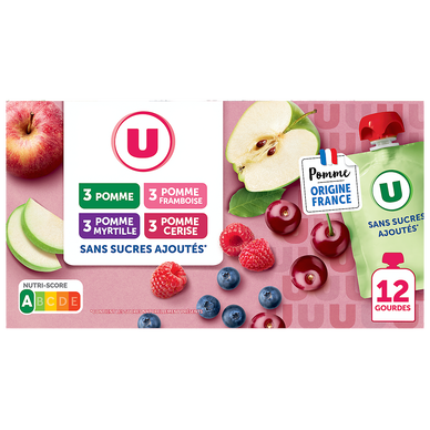 Dessert fruitier sans sucres ajoutés purée pomme nature, pomme-framboise, pommme-myrtille, pomme-cerise U, 12x90g
