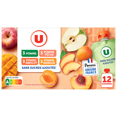 Dessert fruitier sans sucres ajoutés purée pomme nature, pomme-pêche,pomme-abricot, pomme-mangue U, 12x90g