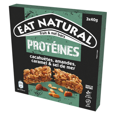 Barres céréales proteïnées cacahuètes amandes caramel salé EAT NATURAL, 3x40g, 120g