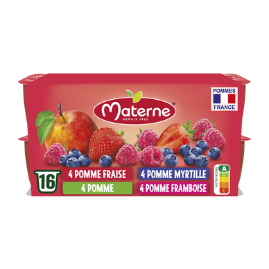 Dessert fruitier Coupelles Pomme, Pomme Fraise, Pomme Framboise, PommeMyrtille MATERNE, 16x100g