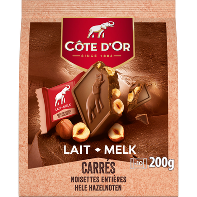 Carrés chocolat au lait noisettes entières, COTE D'OR, 200g