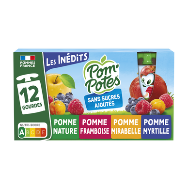 Dessert fruitier Gourdes Pomme, Pomme Framboise, Pomme Mirabelle, Pomme Myrtille Les Inédits POM'POTES, 12x90g
