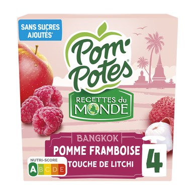 Dessert fruitier Gourdes Recettes du Monde Bangkok Pomme Framboise touche de Litchi POM'POTES, 4x90g