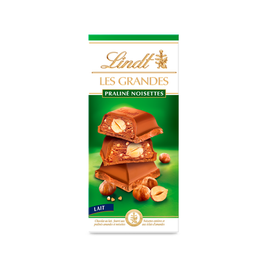 Chocolat au lait les grandes pralines noisettes LINDT, Tablette de 225g