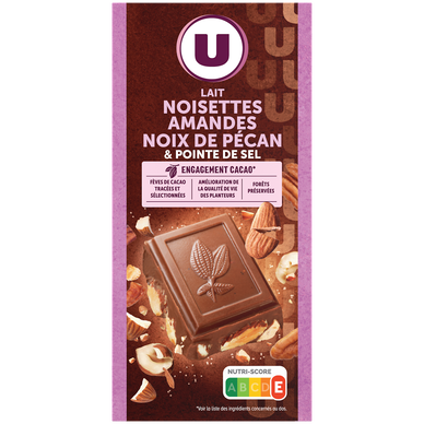 Chocolat au lait aux amandes,noisettes et noix de pécan et pointe de sel  Tablette de 200g