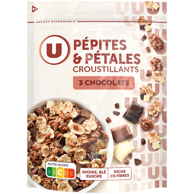 Céréales Pépites et pétales aux 3 chocolats  paquet de 400g