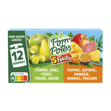 Dessert fruitier Gourdes 5 Fruits Exotiques & Verts POM'POTES, 12x90g