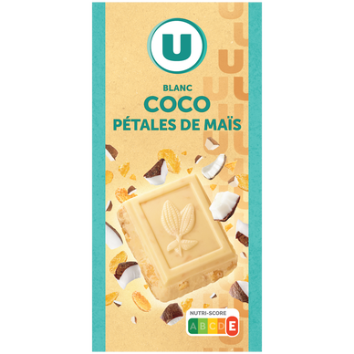 Chocolat blanc à la noix de coco et pétale de maïs  Tablette de 200g