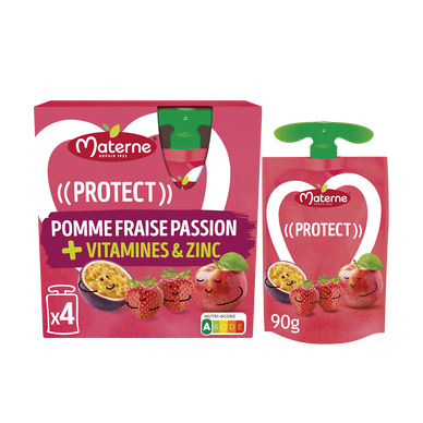 Dessert fruitier Gourdes Protect Pomme Fraise Passion + Vitamines & Zinc MATERNE, 4x90g