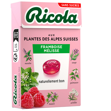 Bonbons framboise mélisse sans sucres RICOLA, boîte 50g