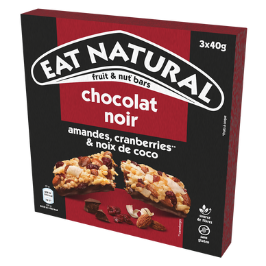 Barres de céréales chocolat noir amandes cranberries & noix de coco EAT NATURAL, 3x40g, 120g