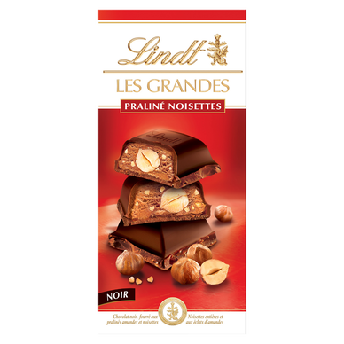 Chocolat noir fourré aux praliné amandes, noisettes entières, et aux éclats d'amandes LINDT, 225g