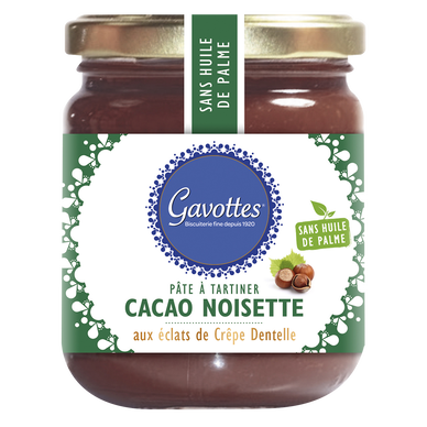Pâte tartiner cacao noisette aux éclats de crêpes dentelle GAVOTTES, pot de 350g