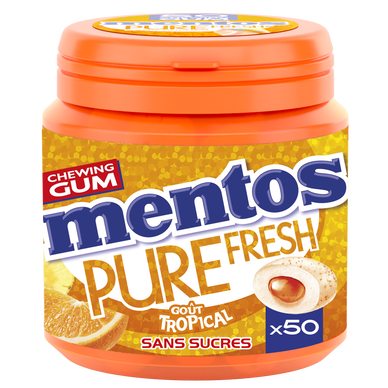 Chewing-gum sans sucre goût tropical MENTOS, boîte de 50 dragées soit100g