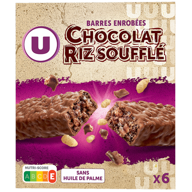 Barres de céréales enrobées de chocolat au riz souflé  6 unités, 150g