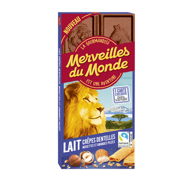Chocolat au lait crêpes dentelles noisettes amandes pilées MERVEILLESDU MONDE, tablette 100g