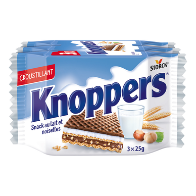 Gaufrette fourrée (fourrage au lait 30,2%, fourrage à la pâte de noisettes 29,4%) KNOPPERS 3x25g