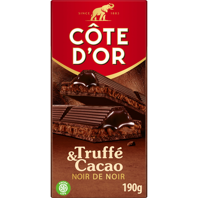 Chocolat noir épais praliné fourré truffé coeur coulant COTE D'OR, tablette 190g