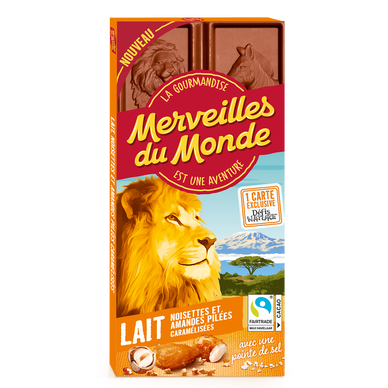 Chocolat lait pointe de sel noisettes amandes pilées, MERVEILLES DU MONDE 100g