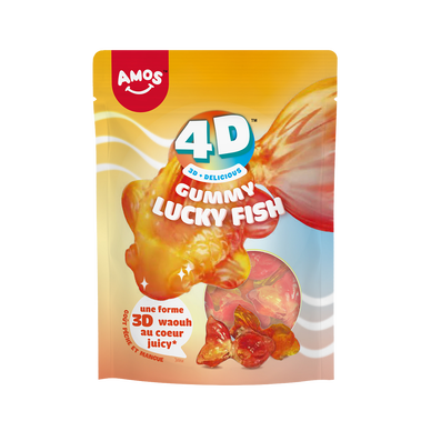 Bonbons gélifiés goût mangue pêche poisson 4D Créative AMOS, sachet de65g