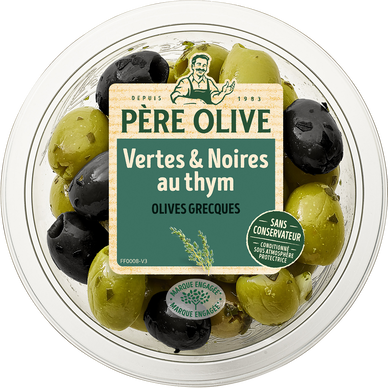 Olive verte et noire au thym - Barquette 150g
