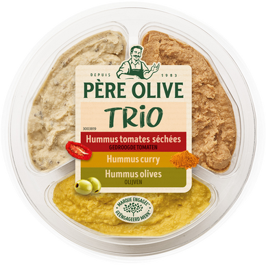 Trio houmous (curry, olive, tomate), PERE OLIVE, barquette, 210g