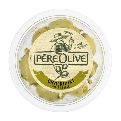 Olive verte Chalkidiki Basilic - Barquette 150g