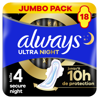 Serviettes ultra secure night ALWAYS taille 4 ailettes x18