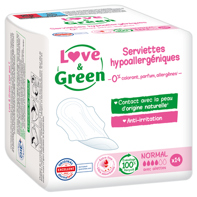 Serviettes hygiéniques hypoallergéniques 0% anti irritation LOVE&GREEN, x14