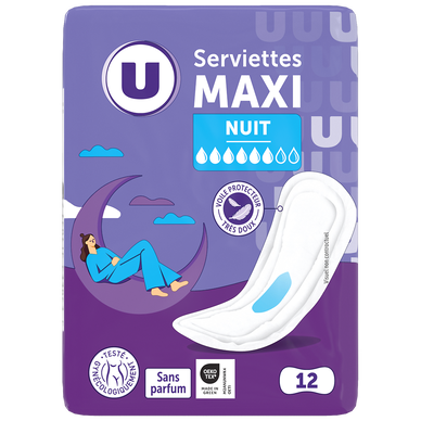 Serviettes périodiques maxi nuit pliées  x12
