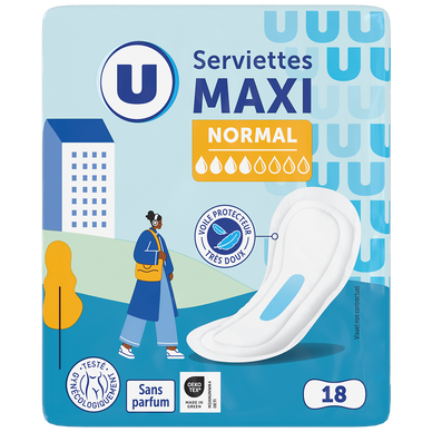 Serviettes hygiéniques maxi normal pliées  x18