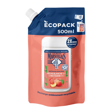 Recharge gel douche LE PETIT MARSEILLAIS pêche blanche et nectarine BIO 500mL
