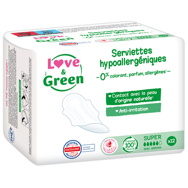 Serviettes hygiéniques super hypoallergéniques LOVE&GREEN, x12
