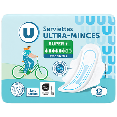 Serviettes hygiéniques ultra mince super plus avec ailettes pliée x12