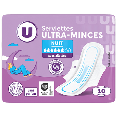 Serviettes hygiéniques ultra mince de nuit pliée à ailettes x10
