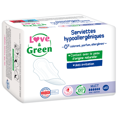 Serviettes hygiéniques nuit hypoallergéniques LOVE&GREEN, x10