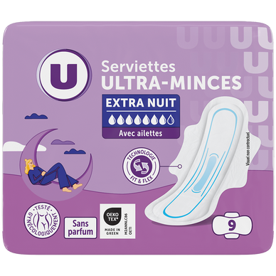 Serviettes hygiéniques ultra extra nuit ailettes boîte x9