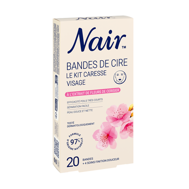 Cire dépilatoire Froide en bandes Visage Peau Sensible Caresse SpécialFleur de Cerisier NAIR, x20 bandes