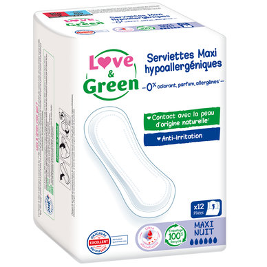 Serviettes hygiéniques maxi hypoallergéniques 0% anti irritation LOVE&GREEN, x12