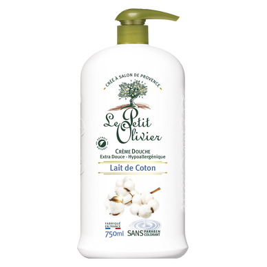 Crème douche extra au lait de coton LE PETIT OLIVIER, flacon de 750ml